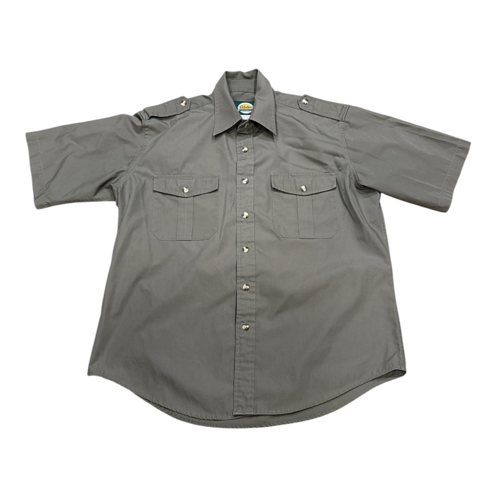 Cabelas Mens Large Dark Khaki Short Sleeve Button Down Safari Utility Shirt L